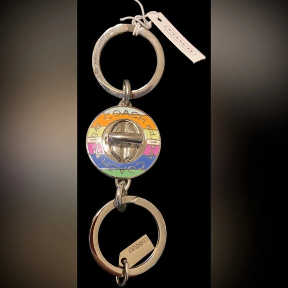 COACH Rainbow-Striped Turn Lock Keychain Purse Charm Double Ring PRIDE NWT - Picture 1 of 8